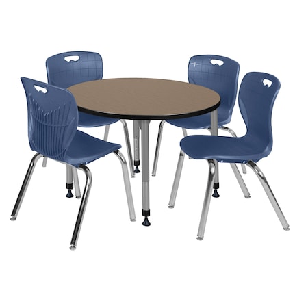 Regency Round Kee Adjustable Classroom Table W/ 4 Andy Stack Chairs, 42 in W, 42 in L, Noble Oak TB42RNDNOAPGY40NV