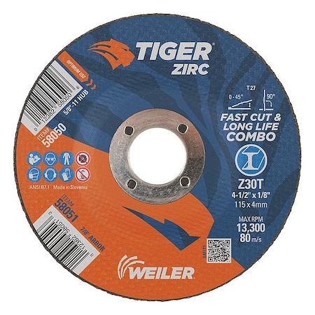 Weiler Abrasive Grinding Wheel, Type 27, 4 1/2 in Dia, 0.125 in Thick, 7/8 in Arbor Hole Size, 30 Grit 58051