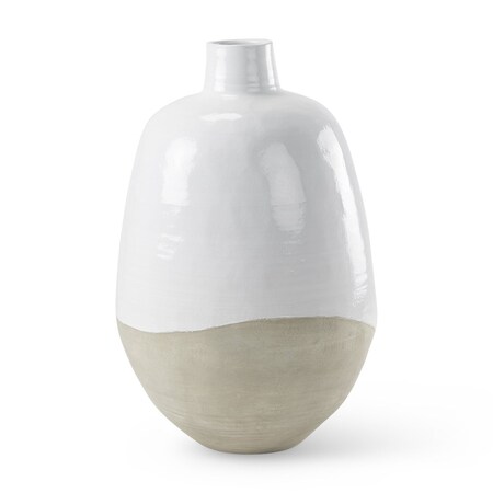 Homeroots 32" White And Beige Color Block Ceramic Round Floor Vase 608586