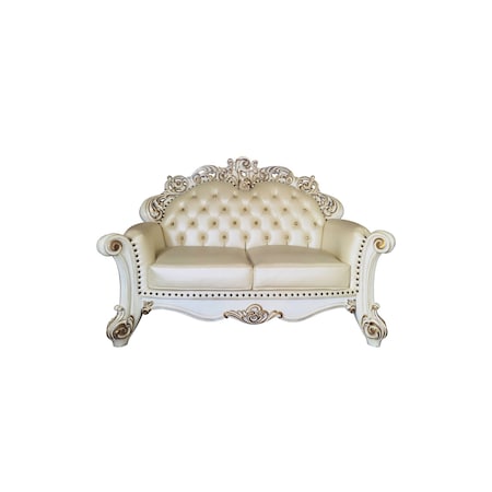 Homeroots 70in Champagne And Pearl Faux Leather Loveseat and Toss Pillows 515713