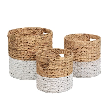 Happimess Avery Bohemian Cottage Handwoven Hyacinth Cylinder Nesting Baskets w/Handles, Natural/White, Set of BSK2011E-3SET