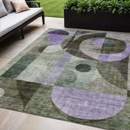 Homeroots 5' X 8' Olive Green Purple And Gray Geometric Washable Indoor Outdoor Area Rug 604415