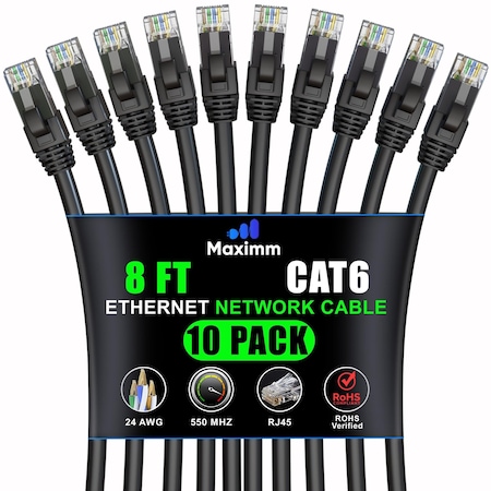 Maximm Cat6 Ethernet Cable 8ft 10Gbps 550MHz UTP, 10PK, Black, 10PK CAT6CCA-8BK-10PK