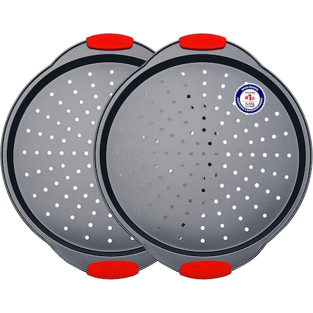 Bakkenmaster Pizza Tray, 2 Round Pans with Silicone Handles, Carbon Steel, Non-Stick, PFOA-Free, Bakken BAKPIZA22