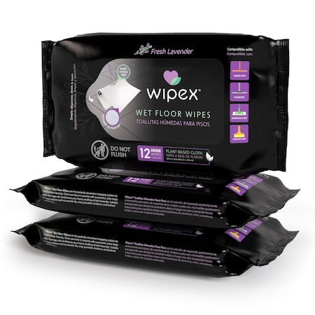 Wipex XXL Lavender Floor Wipes for T-Mop Cuban Mop 12ct, 36 Wet Floor Wipes total, Plastic-Free Cloth, 3PK WX72078FF-3