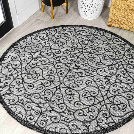 Jonathan Y Madrid Vintage Filigree Textured Weave Light Gray/Black 5 ft Round Indoor/Outdoor Area Rug SMB107E-5R