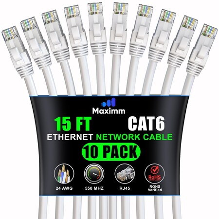 Maximm Cat6 Ethernet Cable 15ft 10Gbps 550MHz UTP, 10PK, White, 10PK CAT6CCA-15WH-10PK