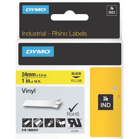 Dymo Label Tape Cartridge, Black/Yellow, Labels/Roll: Continuous 1805431