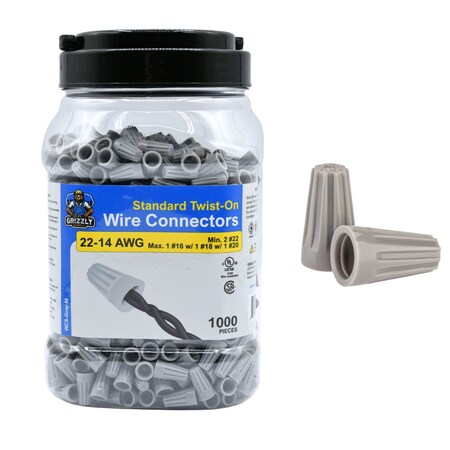 Grizzly Supply Standard Screw-On Wire Connector, 22-14 AWG, 300V, Thermoplastic, Gray 1000PK WCS-Gray-M