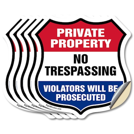Signmission Private Property Shield Sign No Trespass, 4 inch X 4 inch, Vinyl Decal, 5PK SHI-D-5PACK-4-453