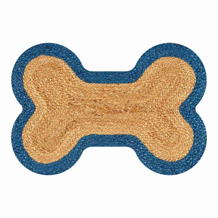 The Licker Store Mires 24 in. x 16 in. Rustic Bone Shaped Hand Braided Natural Jute Pet Feeding Mat, Blue/Natural PWF100G-2416