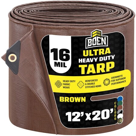 Boen Ultra Heavy Duty Tarp, 12 ft x 20 ft, 16 Mil, Brown, Polyethylene BR16T-1220