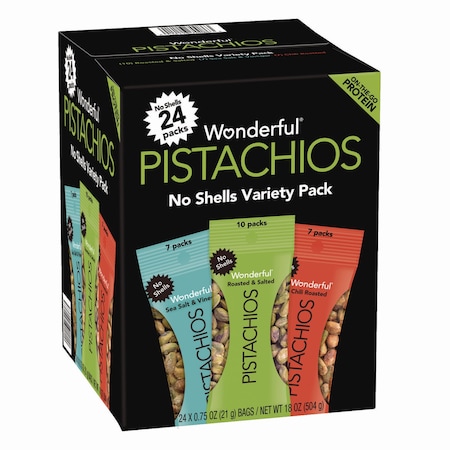 Wonderful No Shells Roasted and Salted Pistachios Variety Pack, Assorted Flavors, 0.75 oz Bag, 24PK PAR70086