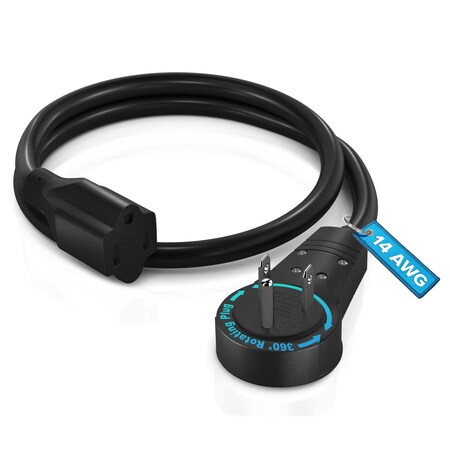 Maximm 1ft 14AWG 360 degrees Flat Plug Heavy Duty Extension Cord, 3-Prong Grounded, UL, Black ADW-360-31R01-14B0