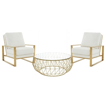 Leisuremod Jefferson Leather Armchair with Gold Frame, Round Coffee Table with Glass Top, White JAG29MD39W2-L