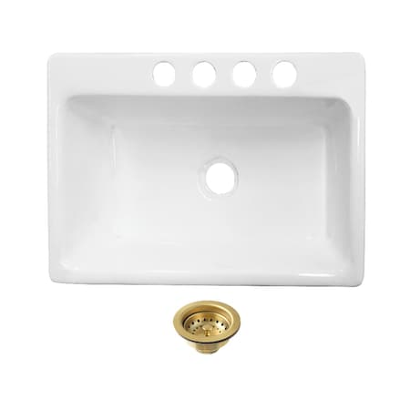 Kingston Brass 33" Cast Iron Single Bowl Undermount Kitchen Sink, 4-Hole with Strainer, White/Brushed Brass KGCKUS332297
