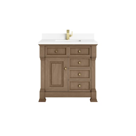 James Martin Vanities Brookfield 36 in. Single Vanity, Pecan w/ Single Hole 3CM White Zeus Silestone Top & Backsplash 547-V36-PCN-1WZ