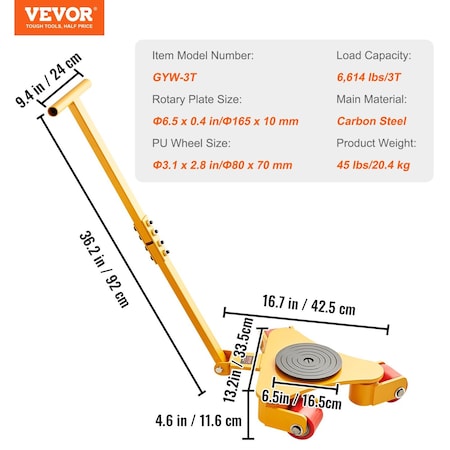 Vevor Machinery Skate Dolly Mover with Handle 6614LBS/3T 360 Deg Swivel PU Wheels GYW-3T