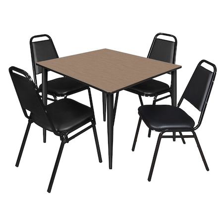 Regency Square Kahlo Breakroom Table W/ 4 Restaurant Stack Chairs, 48 in W, 48 in L, Noble Oak TPL4848NOBK29BK