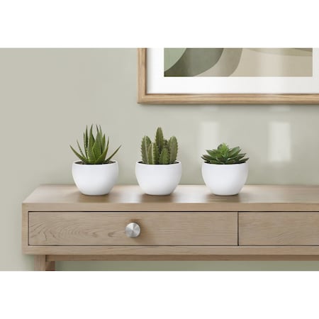 Monarch Specialties Artificial Plant, 6'' Tall, Succulent, Indoor, Faux, Decorative, Green Plants, White Pots, 3PK I 9555