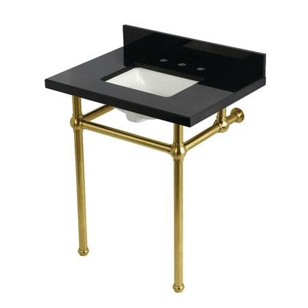 Kingston Brass 30" Black Granite Console Sink with Brass Legs, 8-Inch, 3-Hole, Black Granite/Brushed Brass KVPK30KBSQ7