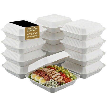 Eco Harmony Products Bagasse Hinged Food Storage Container, PFAS-Free, White, 8.5" x 8", 200PK 804608