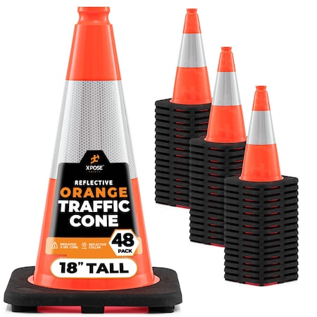 Xpose Safety Traffic Safety Cone, 18 in, PVC, 6 in Reflective Collar, DOT Approved, Orange, 48 pk OTC18-6-48-X