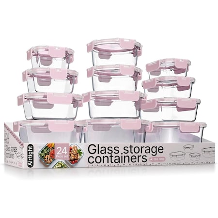 Bakkenmaster Borosilicate Glass Food Storage Containers with Lids, BPA-Free, Airtight and Leak-Proof, Pink, 24PK EMPGFCL24PK