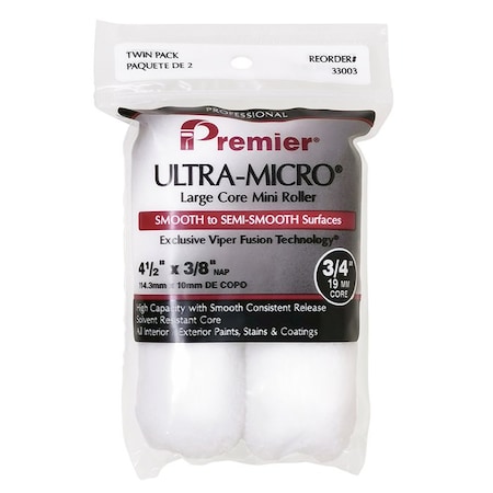 Ultra-Micro 4-1/2in x 3/8in Nap Premier Large Core Mini Roller Cover, 2PK 33003