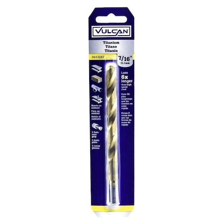 Vulcan Jobber Drill Bit, 7/16 in Dia, 5-5/8 in OAL, 3-Flat, Reduced Shank 220711OR