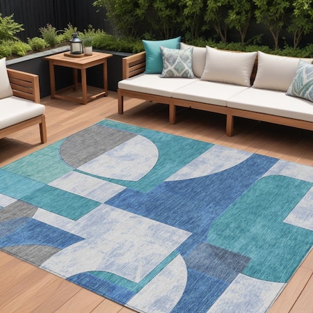 Homeroots 8' X 10' Teal Blue And Ivory Geometric Washable Indoor Outdoor Area Rug 617929