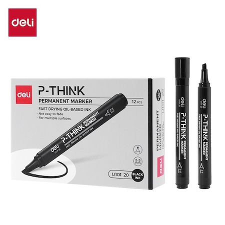 Deli THINK Permanent Marker, Chisel Tip, Black, Waterproof, 12PK EU10120