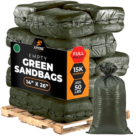 Xpose Safety Woven Polypropylene Sand Bags for Gravel - 14in x 26in 50 lb Limit, Green, Pallet of 15,000 SBG-1426-FP15000-X
