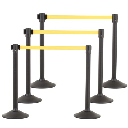 Black Plastic Stanchion for Crowd Control with 6.5' Retractable Yellow Barrier Belt, 6PK