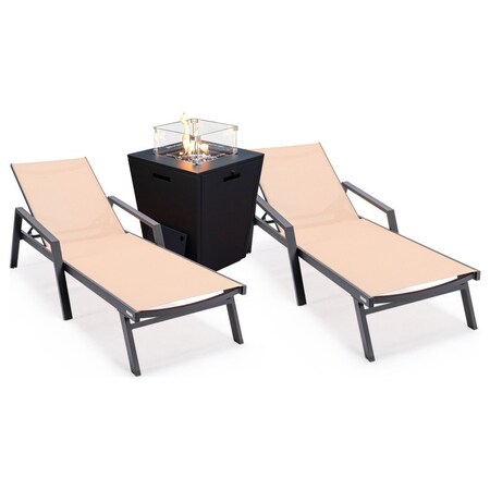 Leisuremod Marlin Black Aluminum Patio Chaise Lounge Armchair Set of 2 with Square Fire Pit Table, Light Brown MLABLCF21-77LBR2
