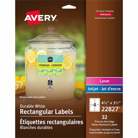 Avery Dennison Avery, REMOVABLE PRINT-TO-THE-EDGE WHITE LABELS W/ SURE FEED, 3 1/2 X 4 3/4, 32PK 22827