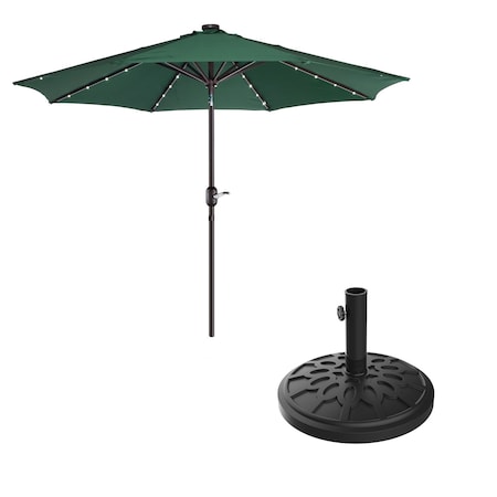 Pure Garden 9 ft Solar Patio Umbrella with 19lb Base and Dark Green LED Canopy 83-OUT5424B