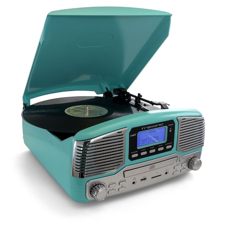 Trexonic Retro Wireless Bluetooth, Record and CD Player in Turquoise TRX-16TRQ
