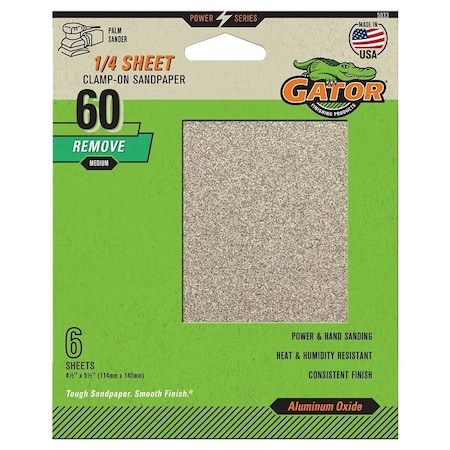 Gator Sanding Sheet, 4-1/2 in W, 5-1/2 in L, 60 Grit, Coarse, Aluminum Oxide Abrasive, Paper Backing 5033