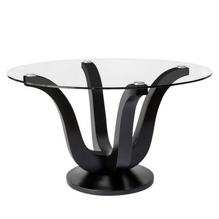 Homeroots 51" Clear and Black Glass and Solid Wood Pedestal Base Round Top Dining Table 633120