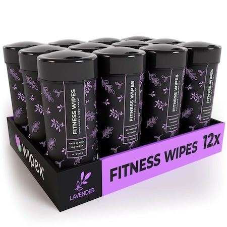 Wipex Natural Fitness Wipes 75ct Canister, Fresh Lavender, 900 Gym Equipment Cleaning Wipes, 12PK WX11123FL-12