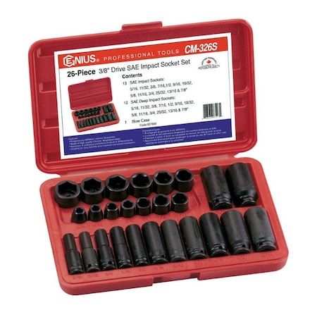 Genius Tools 26PC 3/8in Dr. SAE Impact Socket Set CM-326S