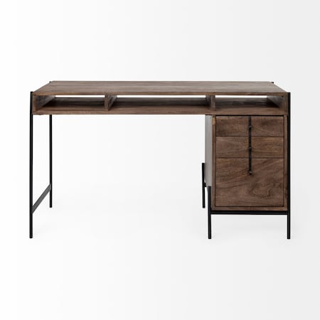 Homeroots 56" Medium Brown Wooden Writing Desk With 3 Drawers And 3 Open Shelves 380203
