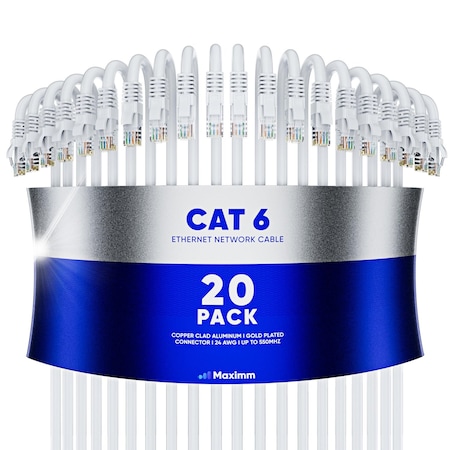 Maximm Cat6 Ethernet Cable 12ft 10Gbps 550MHz UTP, 20PK, White, 20PK CAT6CCA-12WH-20PK
