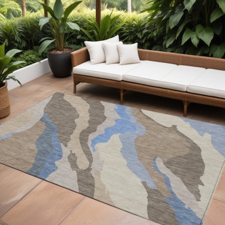 Homeroots 8' X 10' Taupe Tan And Blue Abstract Washable Indoor Outdoor Area Rug 601017