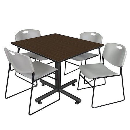 Regency Square Kobe Breakroom Table W/ 4 Zeng Stack Chairs, 48 in W, 48 in L, Neo Walnut TKB4848NW44GY