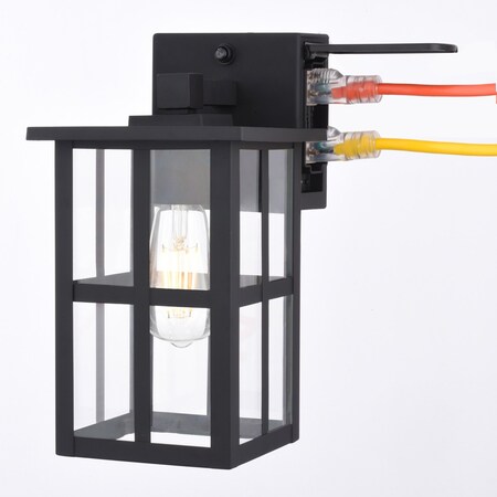 Vaxcel Maywood Outdoor Black Dusk to Dawn Wall Sconce with GFCI Outlet and Clear Glass Shade T0799