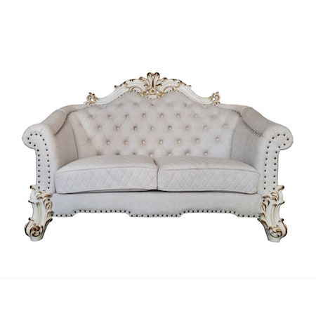 Homeroots 66in Two Tone Ivory And Pearl Velvet Loveseat and Toss Pillows 515714