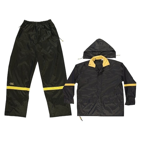 Clc Work Gear CLC R103M Rain Suit, M, 190T Nylon, Black/Yellow, Detachable Collar, Zipper Closure R103M