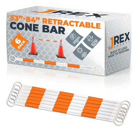 Jrex Safety Retractable Cone Bar Orange/White, 53 in to 84 in Length, 6PK CBO-JR-53/84-6PK
